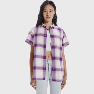 Mother Denim Short Sleeve Overshirt Shirt Cotton Plaid Paying In Sand dollars